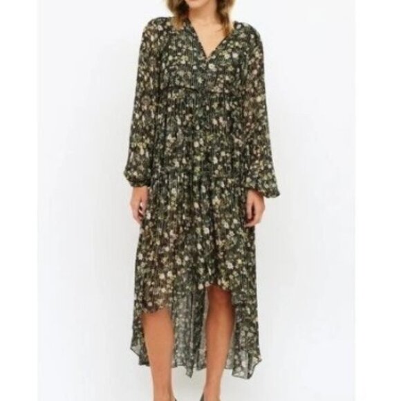 Rococo Sand Women's Small Floral Print Black Midi Dress Long Sleeve‎ Tiered Boho - Picture 1 of 7